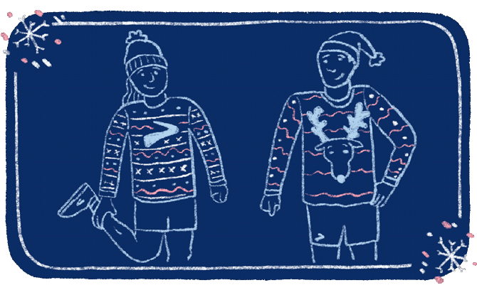 An animated GIF of a stretching woman wearing a holiday sweater adorned with a Brooks Running logo and a man standing next to her wearing in a holiday sweater with a reindeer on it. Both people and sweaters depicted flash red in the GIF. 