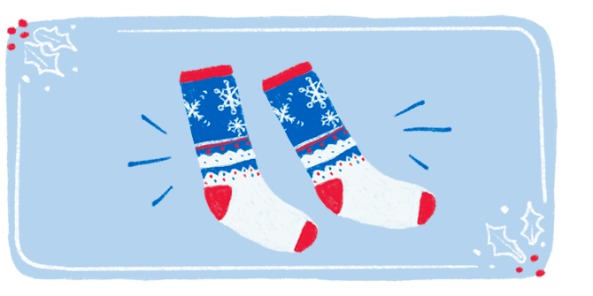 An illustration of a festive pair of holiday socks featuring snowflakes, holiday lights and red, white, and blue coloring.