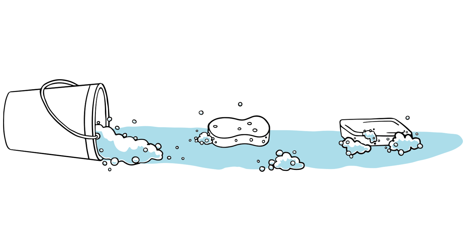 Illustration of a bucket, sponge, and bar of soap spread out on the floor sitting in clean water. 