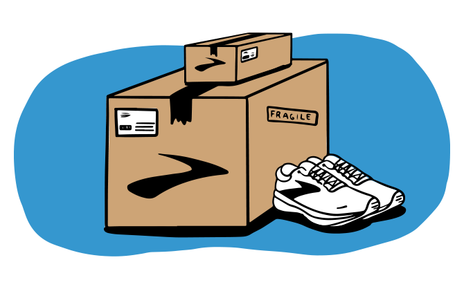 Bebilderte Box mit Brooks-Logo und Brooks-Schuhen