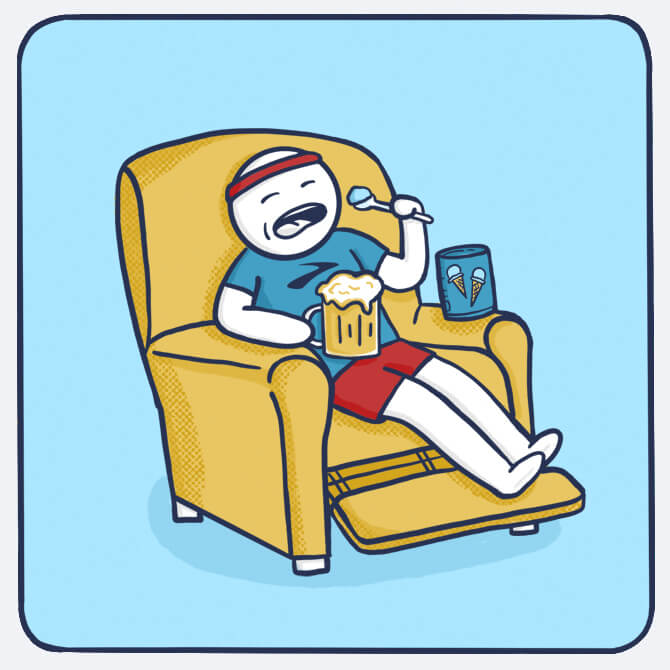 Illustration einer Person, die in einem Sessel einen Imbiss zu sich nimmt