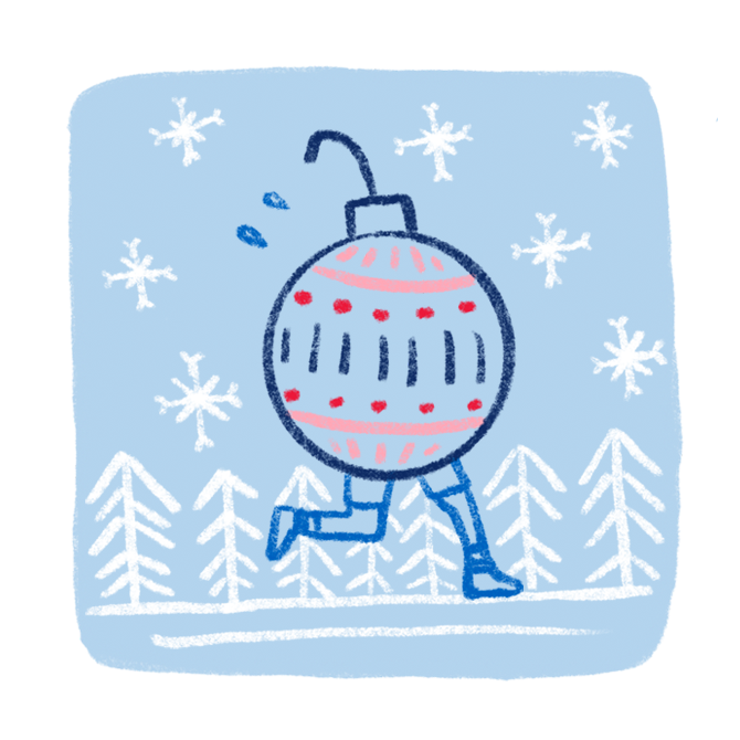 A funny chalk art style illustration of a Christmas ornament with legs runs along a forest trail while it’s snowing. 