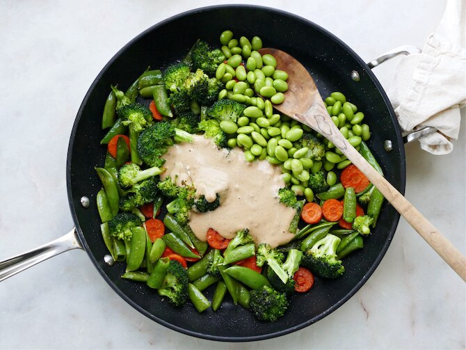 Mélangez le sauté dans la poêle avec les légumes et la sauce