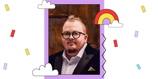 Headshot of Noah Camp with a purple border and rainbow illustration