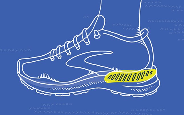 Illustration of a Brooks shoe with GuideRails® technology highlighted in yellow.