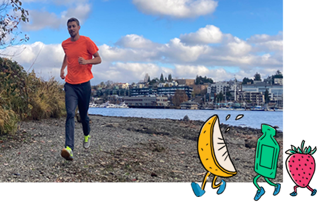 Joe running near the water.