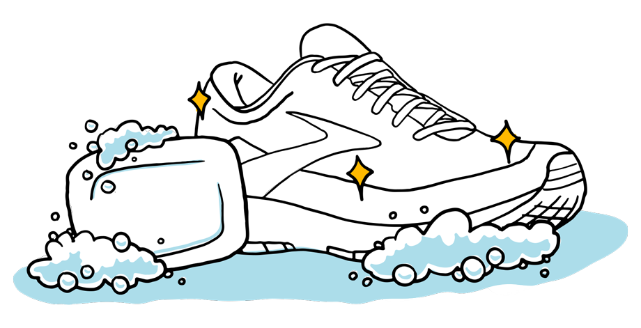 Illustration d’une barre de savon et d’une chaussure Brooks propre et recouverte de savon. 