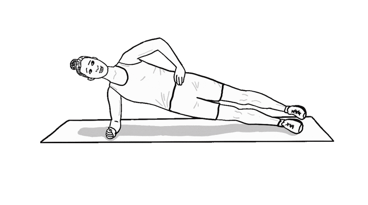 An animated gif of a woman demonstrating lateral planks with leg raises.