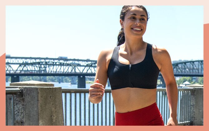 The Dare Zip run bra, seen from the front with its secure zip closure.