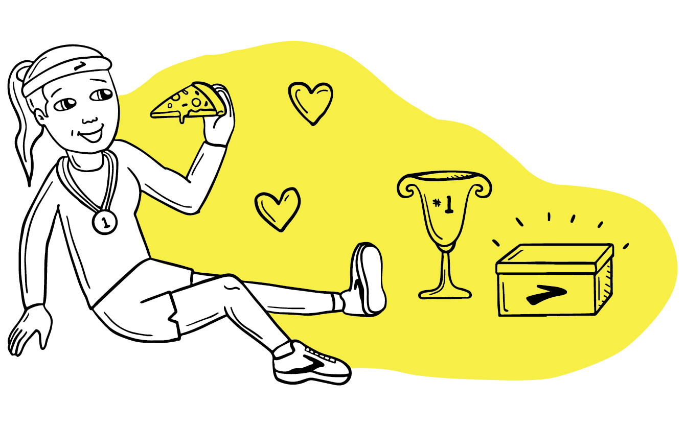 Illustration of a girl eating pizza with a box of Brooks shoes