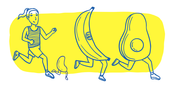Illustration of a woman running with a bean, a banana, and an avocado