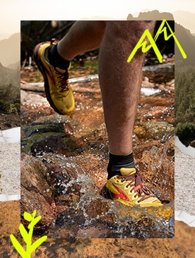 A closeup of Scott Jurek in the yellow Cascadia 16's