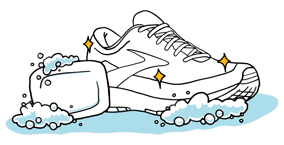 Illustration of a bar of soap and a squeaky clean Brooks shoe covered in soap suds. 