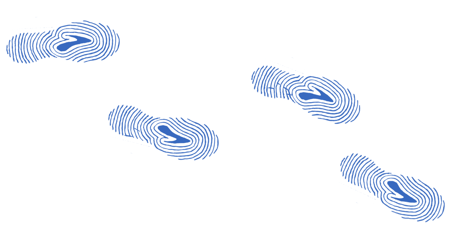 Graphics of four shoeprints with Brooks logos and fingerprint styling are placed across the page.