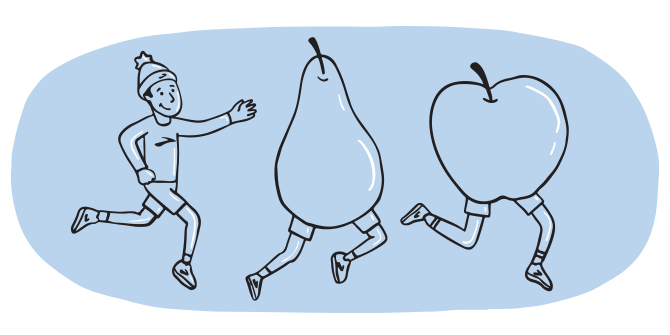 Illustration of a man chasing after a human-sized pear and apple with legs