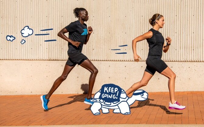 Two runners with an illustrated turtle