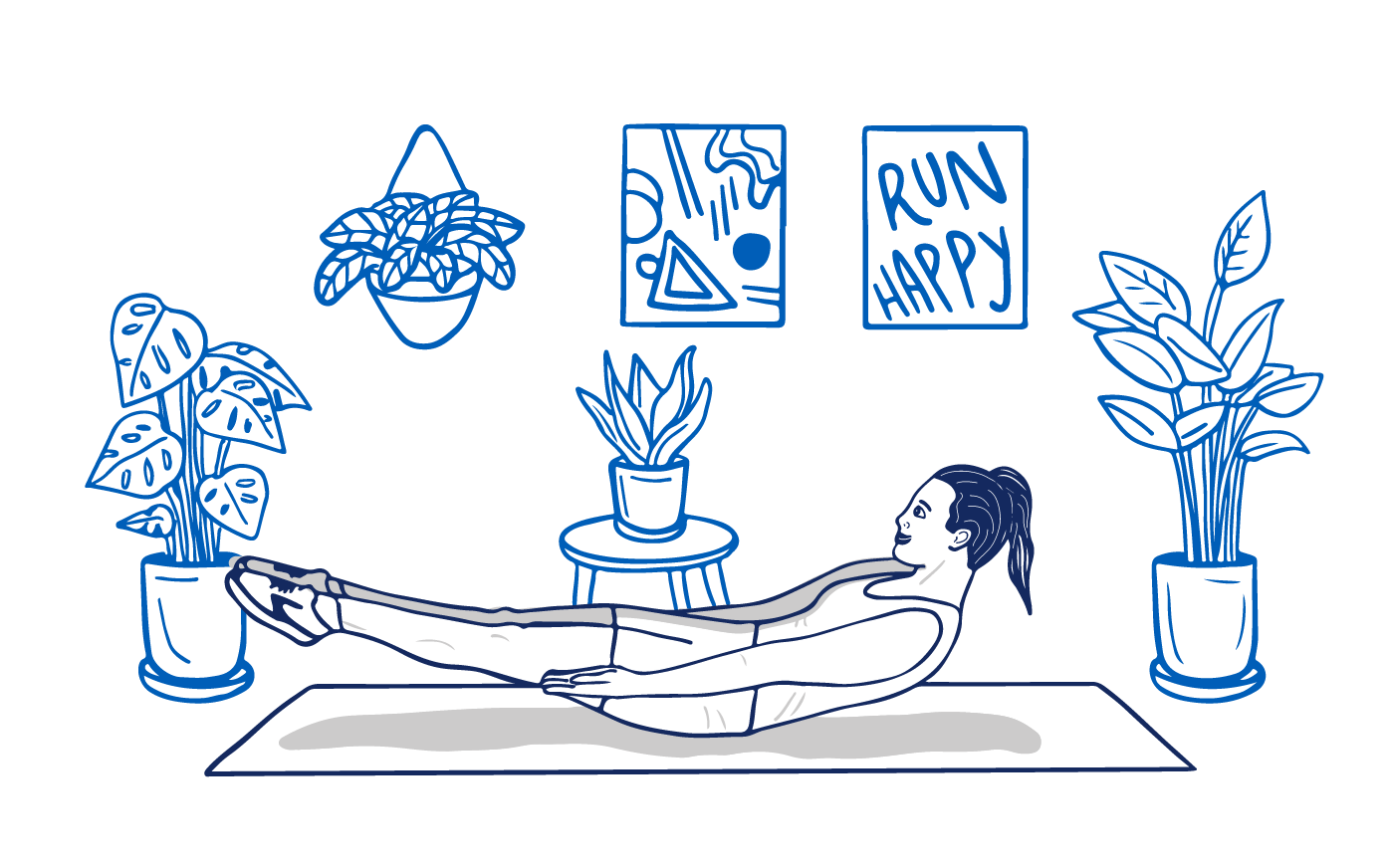 Une illustration d’une femme faisant des abdominaux en V sur un tapis de yoga dans son salon entouré de plantes d’intérieur, une peinture d’art abstrait et une affiche qui dit « Run Happy ».