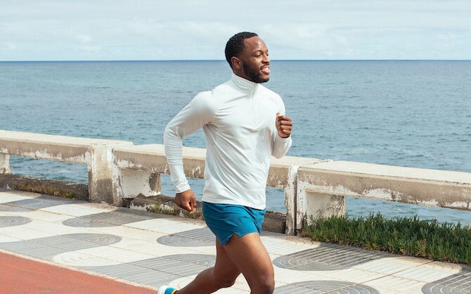 Running on a beach boardwalk