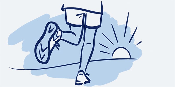 Illustration des jambes et des pieds d’un coureur courant vers un horizon avec le soleil qui brille au loin.