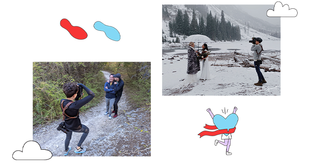 Two side-side photos showing wedding photographer taking photos in nature