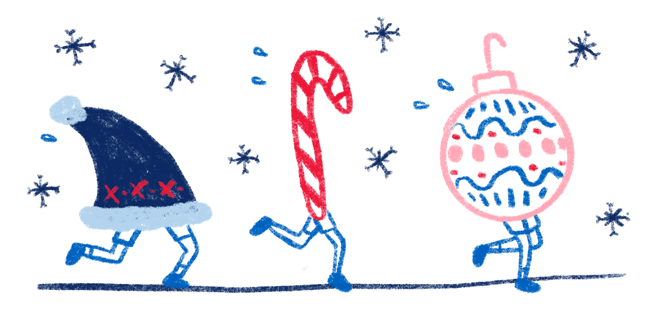 An illustration of a Santa’s hat, candy cane, and holiday ornament, all with legs, running a race in the snow 