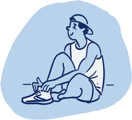 Illustration of a happy man sitting down and tying his shoes