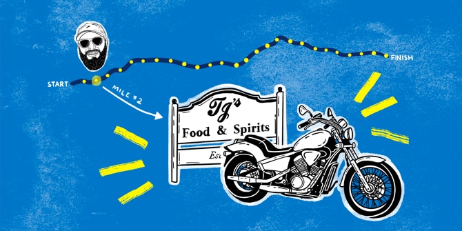 Dessin animé du marathon de Boston avec une moto