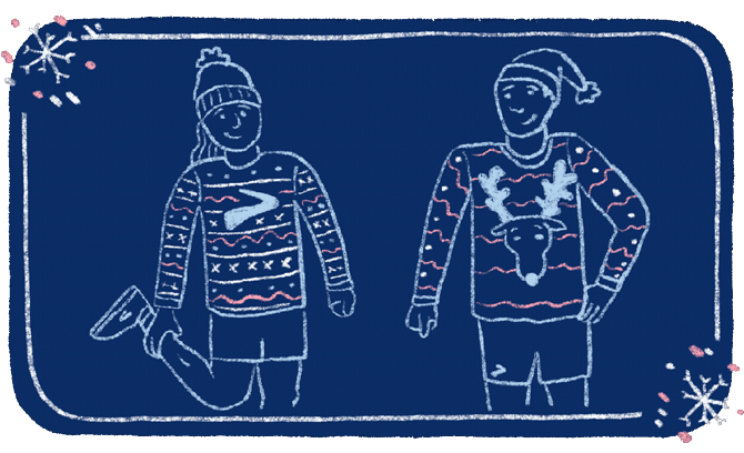 Ein animiertes GIF einer Frau, die Dehnübungen macht und einen Weihnachtspulli mit einem Brooks-Running-Logo trägt, und neben ihr ein Mann im Weihnachtspulli mit Elchmotiv. Beide Personen und Pullis leuchten rot im GIF. 
