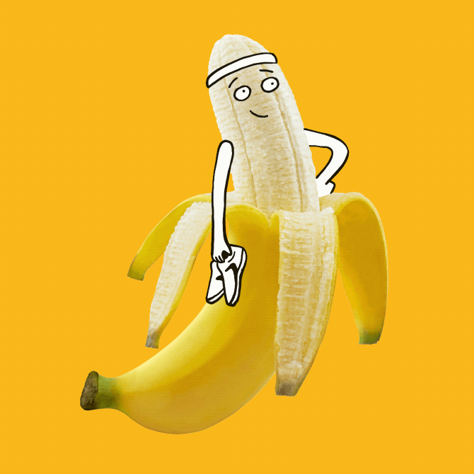 Amusing animated GIF of a smiling, half-peeled banana with facial features and legs wearing a headband and holding a pair of Brooks running shoes. 