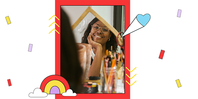 Women looking into a mirror with heart and rainbow illustrations