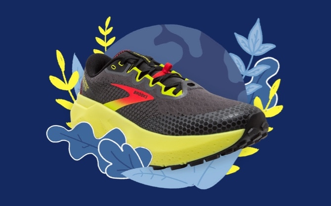 A gray and yellow running shoe