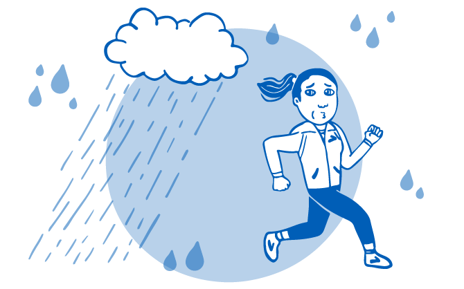 Illustration von Läufer*in beim Versuch, Regentropfen auszuweichen