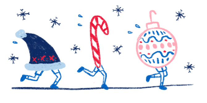 An illustration of a Santa’s hat, candy cane, and holiday ornament, all with legs, running a race in the snow. 