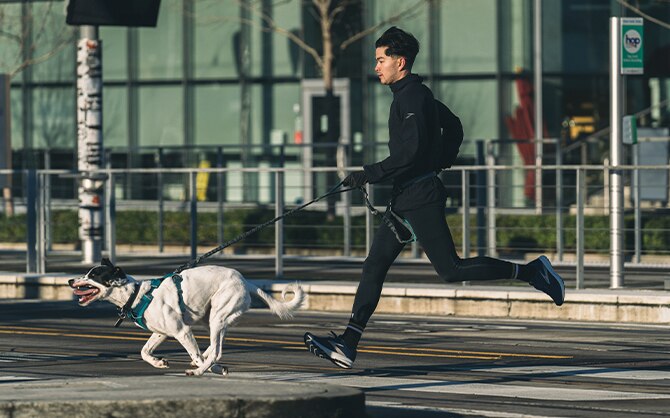 Ein Mann geht mit seinem Hund auf einer Straße joggen.