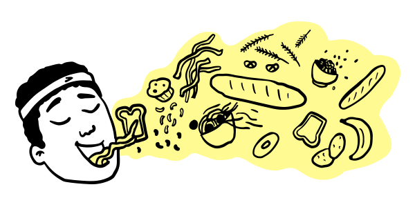 Illustration d’une tête mangeant divers aliments