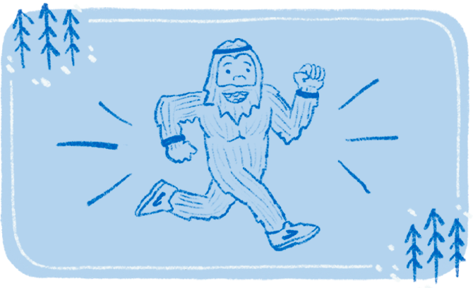 A whimsical illustration of a bigfoot wearing Brooks shoes and a headband running through the forest 