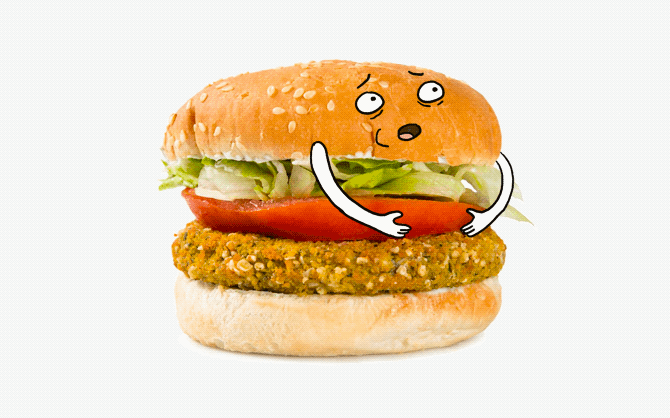 GIF animé amusant d’un hamburger végétarien, avec des traits de visage et des bras, qui a l’air fatigué.