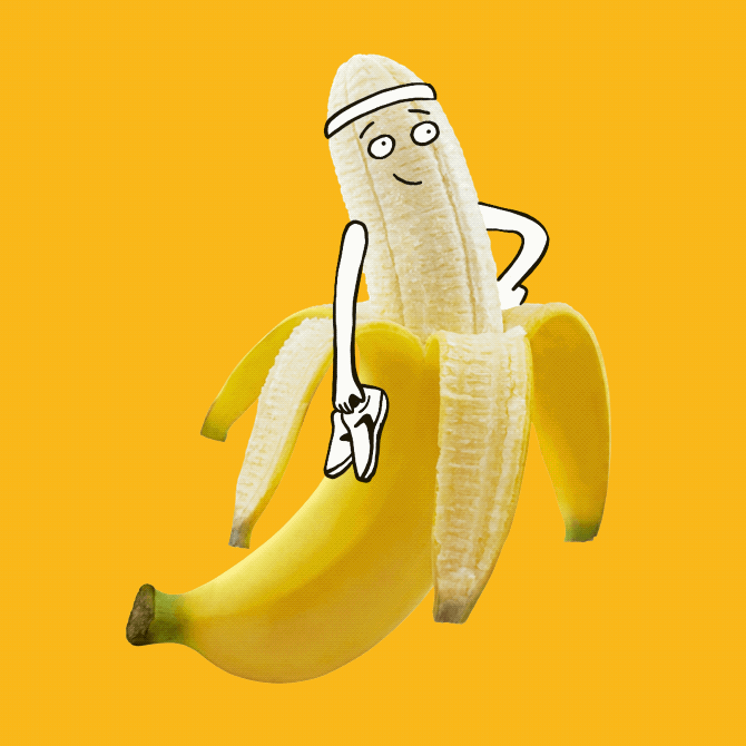 Amusing animated GIF of a smiling, half-peeled banana with facial features and legs wearing a headband and holding a pair of Brooks running shoes.