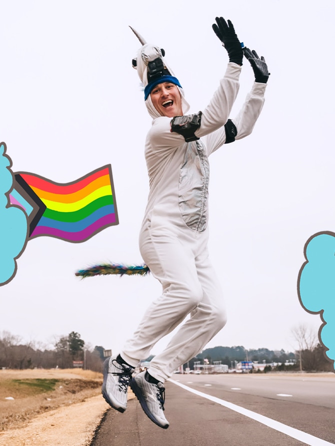 Runner in unicorn onsie jumping 