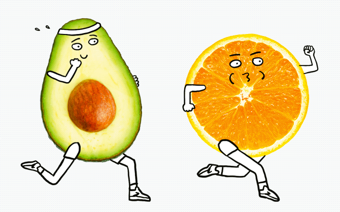 Silly animated GIF of an avocado and orange slice, both with facial features and arms and legs, running.