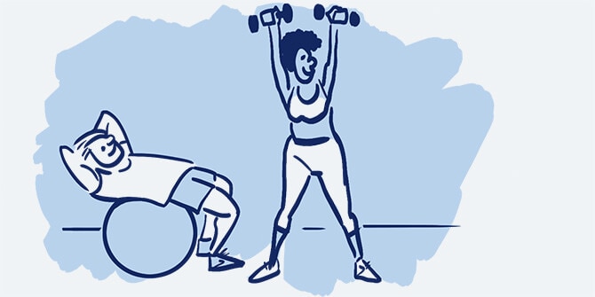 Illustration of a man doing ab work on a large exercise ball next to a woman lifting dumbbell weights.