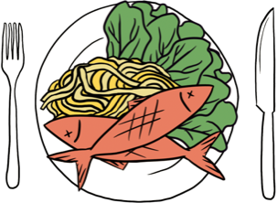 Illustration de pâtes au poisson et salade sur une assiette 