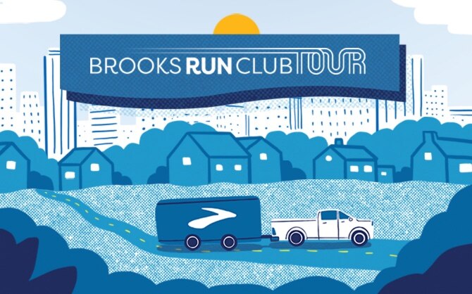 Illustration of a truck driving a Brooks trailer away from a city