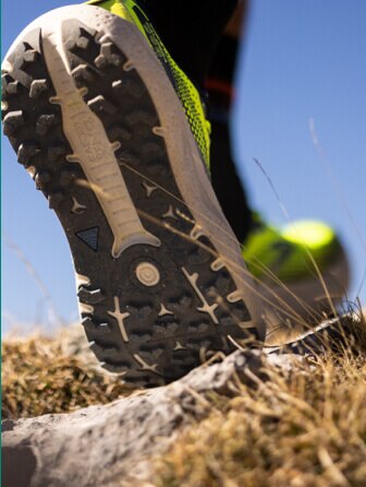 Close up view of trail running shoe outsole