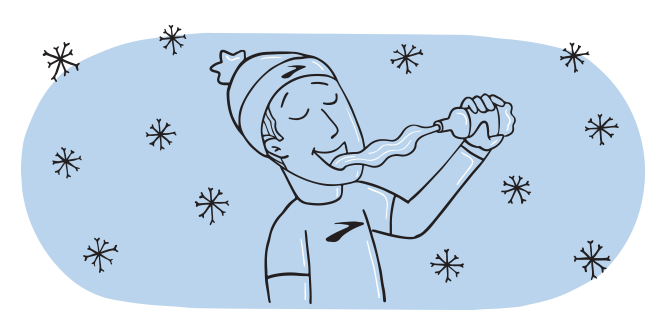 Illustration of a man looking satisfied as he squirts a bottle of water into his mouth.