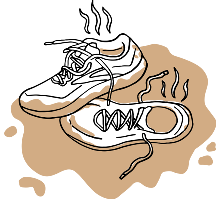 Illustration of a pair of dirty Brooks shoes sitting in a puddle of brown mud.