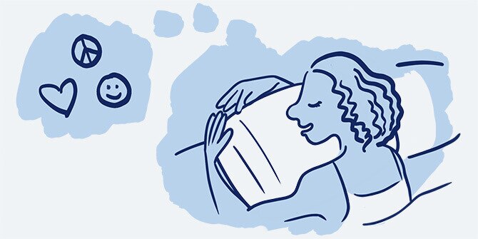 Illustration of a woman asleep who has a thought bubble showing she’s dreaming of heart, smiley face, and peace sign icons