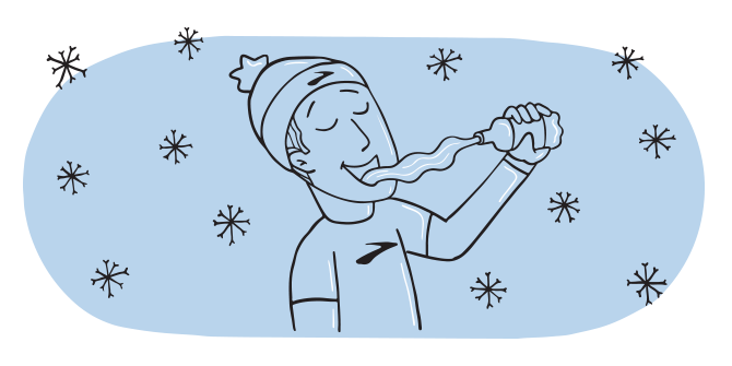 Illustration of a man looking satisfied as he squirts a bottle of water into his mouth.