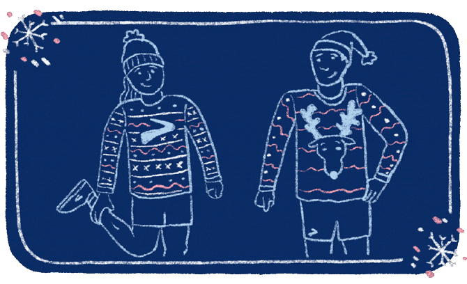 An animated GIF of a stretching woman wearing a holiday sweater adorned with a Brooks Running logo and a man standing next to her wearing in a holiday sweater with a reindeer on it. Both people and sweaters depicted flash red in the GIF. 
