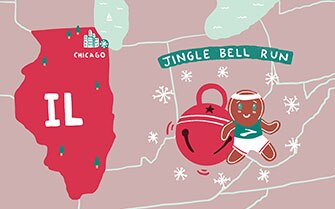 Close up holiday-themed illustration of Illinois with ornament and gingerbread cookie under Jingle Bell Run sign